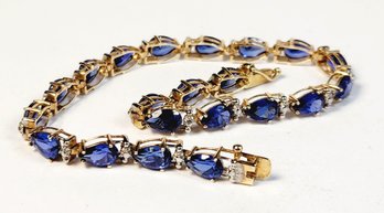 Beautiful 10k Yellow Gold Vibrant Blue Stone & Diamond Tennis Bracelet