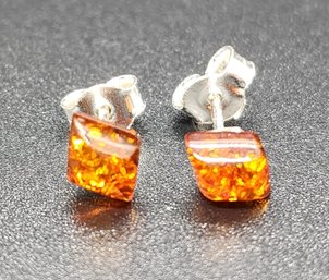 Baltic Amber Solitaire Stud Earrings In Sterling