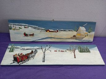 Pair Of Painted Wood Winter Scene Lot