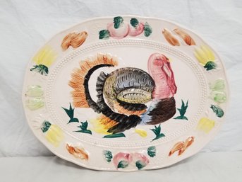 Ceramic Embossed Thanksgiving Turkey Platter 16'x12' Painted Made In Japan