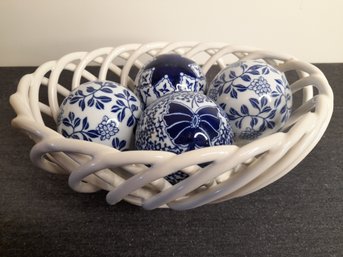 Blue And White Decorative Balls In Basket