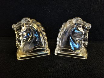 Pair Of Vintage 1950s Art Deco Pressed Glass Horsehead Bookends