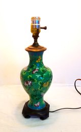 Vintage Green Chinese Cloisonn Lamp With Wooden Base 14.5' Tall - No Shade