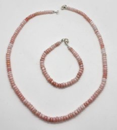 Pink Opal Beaded Necklace & Bracelet In Rhodium Over Sterling