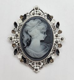 Grey Austrian Crystal Cameo Brooch In Silvertone