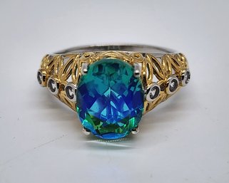 Peacock Quartz, White Zircon Ring In Yellow Gold & Platinum Over Sterling