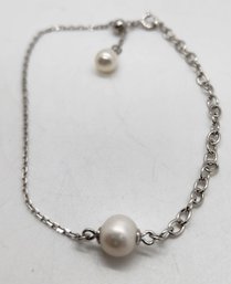 Freshwater Pearl Extender Rolo Chain With Spring Lock In Rhodium Over Sterling