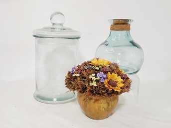Home Decor Grouping - Dried Flower Arrangement & Green Glass Jars