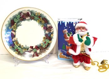 Vintage Lenox Christmas Holiday Plate &  Musical 9' Hanging Santa Clause - With Box