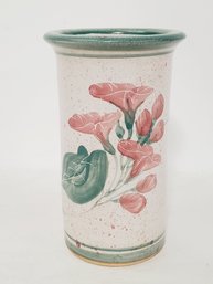 Pretty Painted Signed Hand Painted Floral Pottery Cylinder Vase