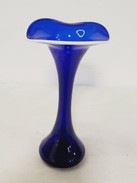 Pretty Cobalt Blue Art Glass Bud Flower Vase With White Rim