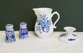 Vintage Blue Sprays Pitcher, Candle Stick Holder & Salt And Pepper Shakers