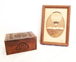 Hand Carved Wood Trinket Box & Wood Inlay Hot Air Balloon Wall Hanging - Signed By Artist