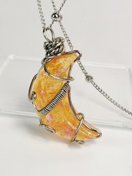 Unique Moon Shaped Orange Iridescent  Stone Pendant With Ball Chain Necklace