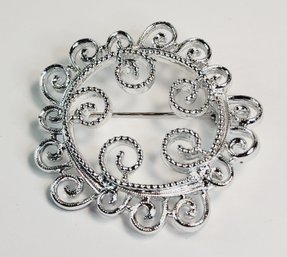 Large Heavy Silver Tone Round Filigree Design Pin / Brooch