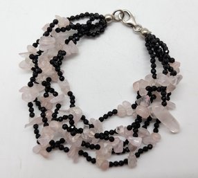 Rose Quartz, Black Spinel, Multi-row Bracelet In Sterling