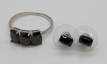 Elite Shungite Stud Earrings & 3 Stone Ring In Platinum Over Sterling