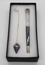 Crystal Filled Ball Pen & Amethyst Pendulum With Chain