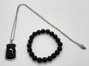 Black Agate Beaded Stretch Bracelet & Dog Tag Pendant Necklace In Stainless
