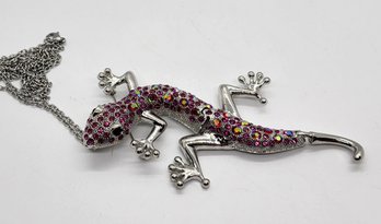 Multi-Color Austrian Crystal Lizard Brooch Or Pendant Necklace In Stainless & Silvertone