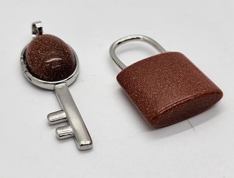 Gold Sandstone Lock & Key Pendants In Silvertone