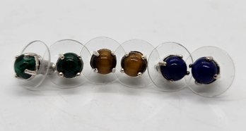 Lapis, Tigers Eye & African Malachite Stud Earrings In Sterling