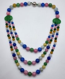 Multi Jade Beaded Triple Row Necklace In Rhodium Over Sterling