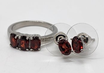 Red Garnet 3 Stone Ring & Stud Earrings In Stainless Steel