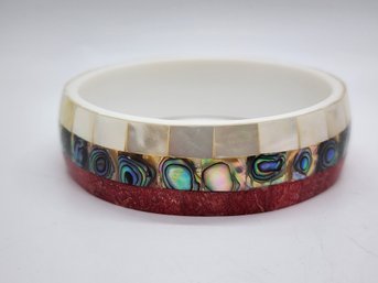 Mother Of Pearl, Abalone & Coral Shell Inlay & White Resin Bangle Bracelet