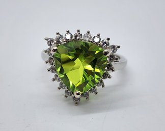 Chartreuse Quartz, White Zircon Halo Ring In Platinum Over Sterling