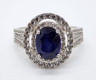 Blue Sapphire, White Zircon, Rhodium Over Sterling Ring