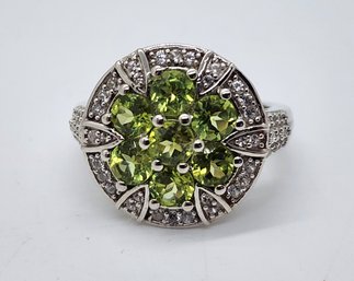 Peridot, White Zircon Ring In Platinum Over Sterling