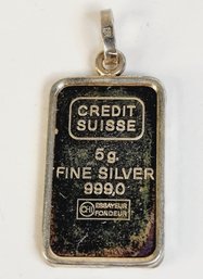 Credit Suisse 5 Gram Pure Fine .999 Silver Ingot / Bar In Pendant Bezel