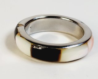 Vintage Unique Black And Mother Of Pearl  Inlay Silver Tone Ring