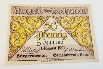 Antique.... August 1921s Notgeld  50 Pfennig Bank Note  German For 'emergency Money' UNC Condition