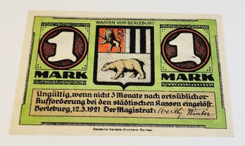 Antique.... 1920s Notgeld 1 Mark BERLEBURG  Bank Note  German For 'emergency Money' UNC Condition