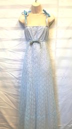 Women's Light Blue Lace Formal Evening Dress With Tie Ribbon Straps Size Medium/large