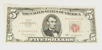 1963  $5 Dollar Red Seal  Bill / Note Unky