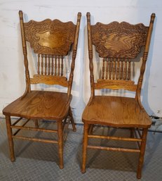 2 Beautiful Vintage Press Back Oak Chairs