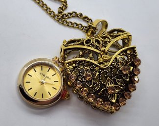 Austrian Crystal Champagne Openable Heart Pendant Watch With Chain