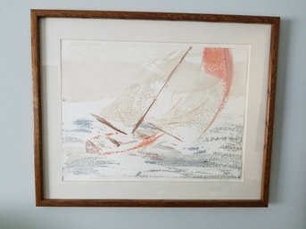 Wood Framed Water Color Print - 'Sail Boat' - 31x25