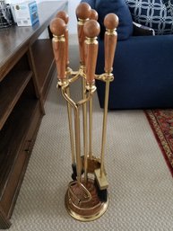 Fireplace Tool Set - Brass Color And Wood