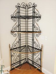 Vintage Very Large Heavy Scrolled Iron And Brass Corner Bakers Rack French Tagre Shelf