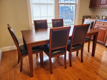 Dark Wood Finish Dining Table With Six Padded Chairs - Included 1 Leaf