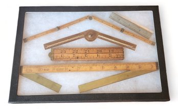 Collection Framed Boxwood Wooden Rulers ~ W/ Stanley Ship Carpenters Bevel ~ Gauges