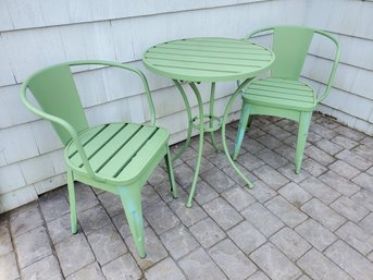 Cute Green Painted Metal Bistro Set Patio Table & Two Chairs