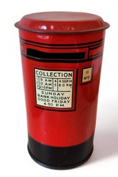 Vintage Red Tin English Letterbox Mailbox Coin Bank, C1950s