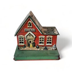 Vintage Tin School House P.s. 23 Coin Bank W/ Sucker Lollipop Holder Roof, 1940s