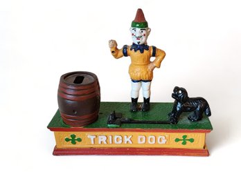 Reproduction Cast Iron Painted Mechanical Trick Dog Clown Coin Bank, 20th C