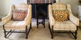 Well Built Custom Pair Of Upholstered Baroque Style Carved Spindle Chairs- Tribal Pillows Sold Separate